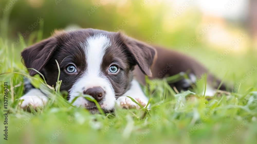 Poster adorable close up of a playful brown and white puppy relaxing on fresh green grass under soft sunlig