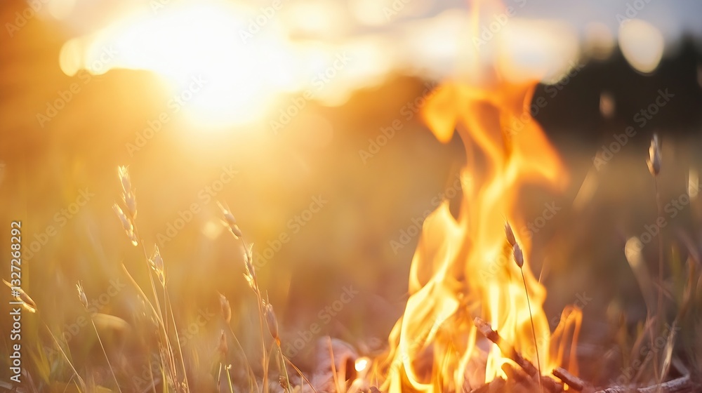 Poster beautiful sunlit scene of a crackling fire surrounded by grass and nature creating warmth and light 
