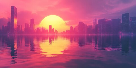 Fototapeta premium A vibrant sunset reflects across a futuristic cityscape in water