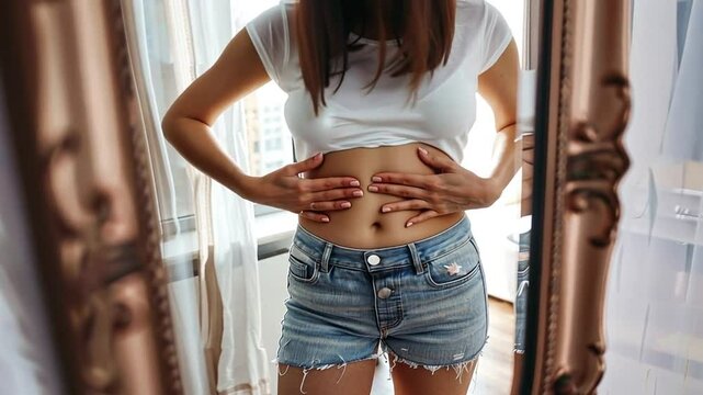 Frau h&auml;lt schmerzenden Bauch als Zeichen von Verdauungsproblemen