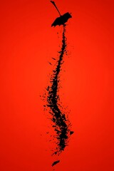 Dark umbrella falling on a red background, symbolizing loss and impermanence