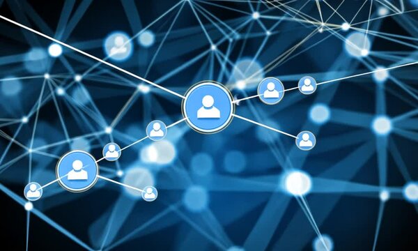 Connected people communicate via virtual network in futuristic, glowing, and interconnected background