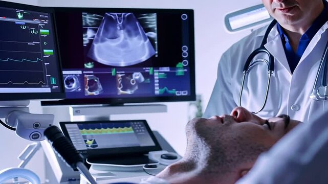 Arzt untersucht Patienten im MRT mit Monitoranzeige