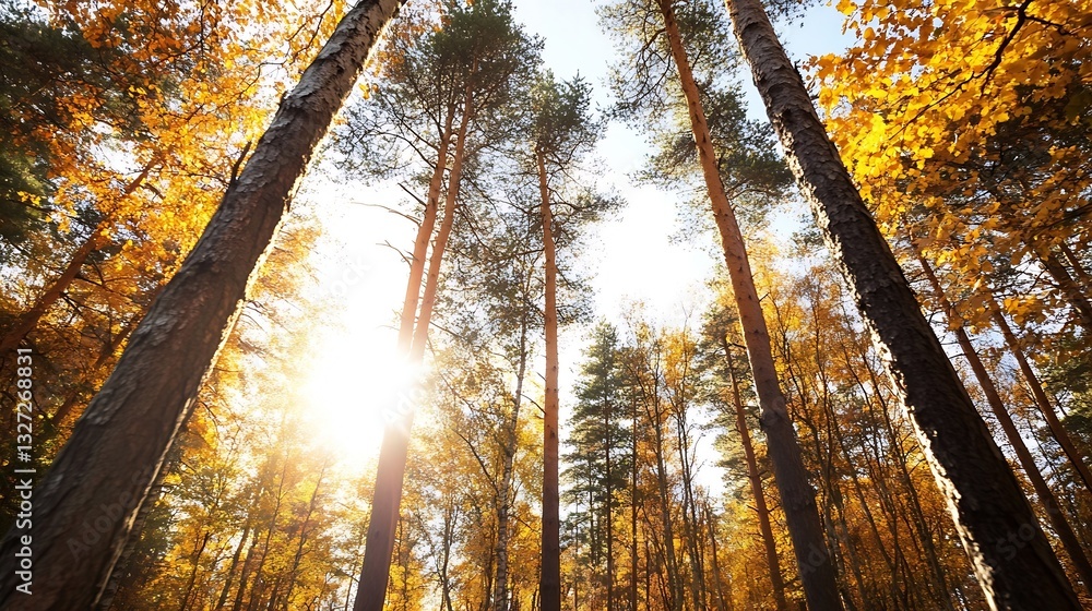 Poster majestic view of tall trees with golden leaves illuminated by sunlight in a serene forest during aut
