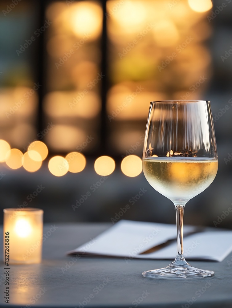 Poster elegant glass of white wine with flickering candlelight in the cozy background setting : generative 