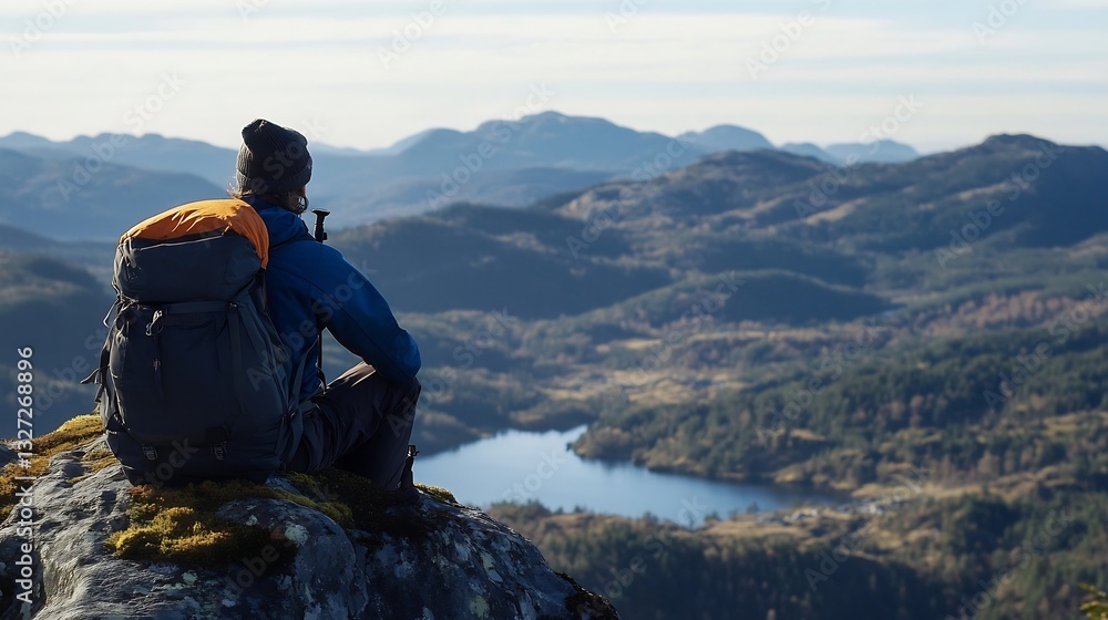 Aufkleber adventurer enjoying a breathtaking view from a mountain peak surrounded by nature : generative ai