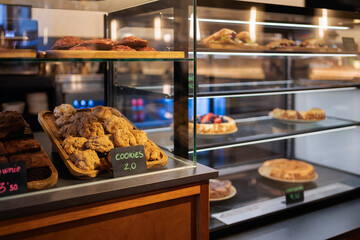 Cookies, brownies, sandwiches, and cakes are displayed in a glass pastry case in a cafe