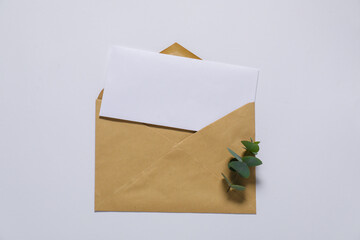 Kraft paper envelope with letter and eucalyptus branch on white background, top view. Mockup for...