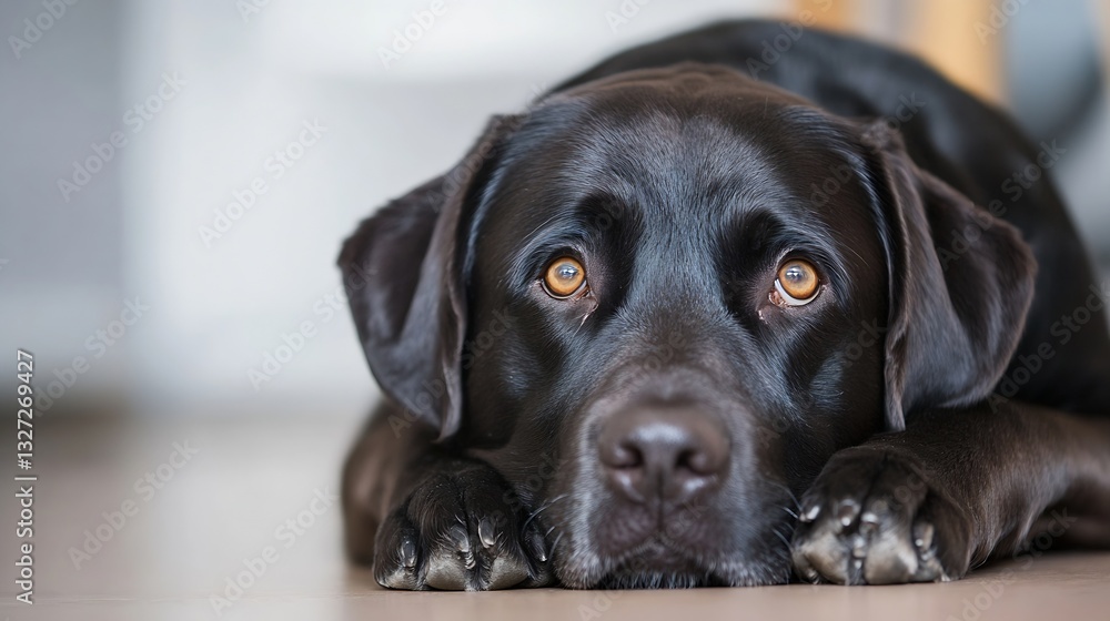Poster closeup of a thoughtful black labrador looking directly into the camera with expressive eyes : gener