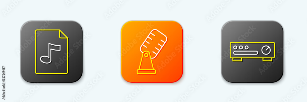 Poster set line mp3 file document, microphone and sound mixer controller icon. vector