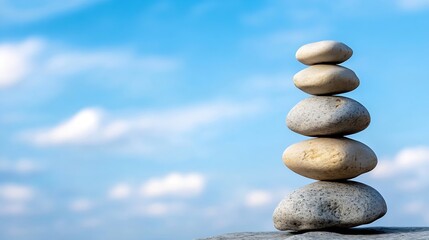 Calming and Tranquil Stacked Stones Against a Clear Blue Sky for Relaxation and Meditation Themes : Generative AI