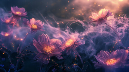 Dreamy Glowing Flowers in a Mystical Night Garden with Ethereal Lighting and Soft Fantasy Atmosphere


