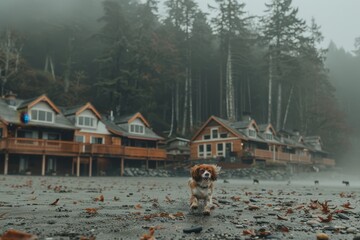 Fototapeta premium A dog is standing on a beach near a row of houses