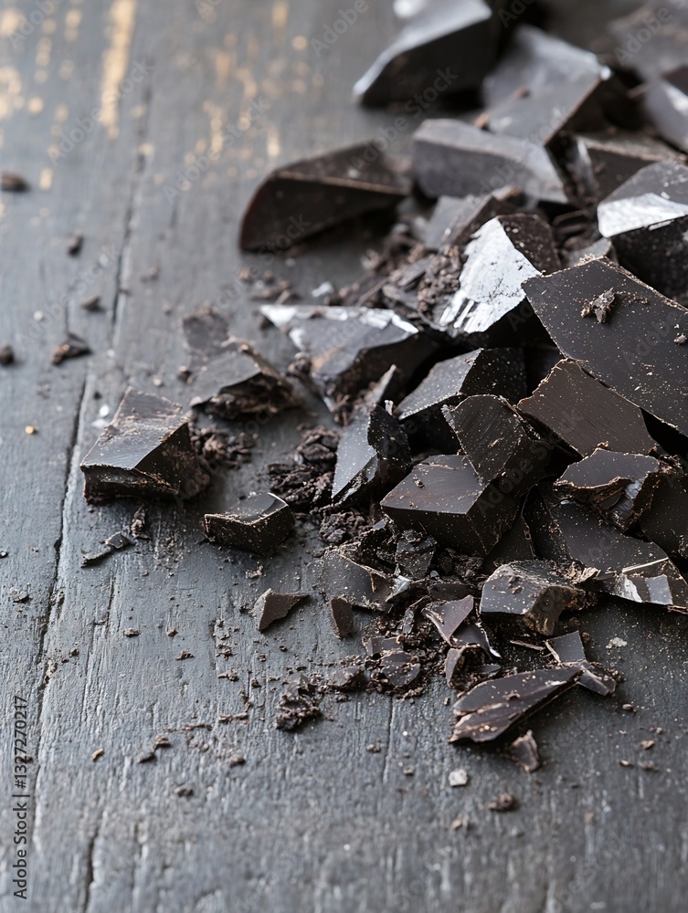 Poster chunks of dark chocolate scattered on a rustic wooden surface highlighting rich texture and color : 