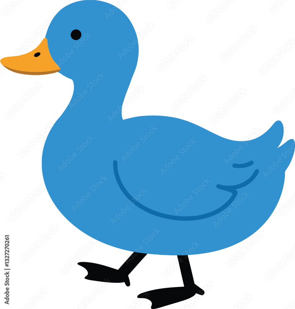 Poster blue duck walking cheerfully across a simple white background in a playful and minimal flat design v