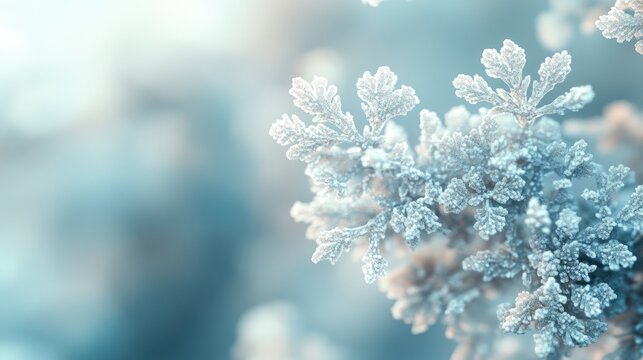 Winter frost on branch, soft light, blurred background, nature backdrop