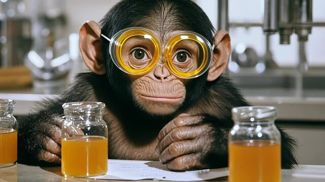 Chimpanzee wearing glasses examines orange juice jars in a laboratory setting during the day