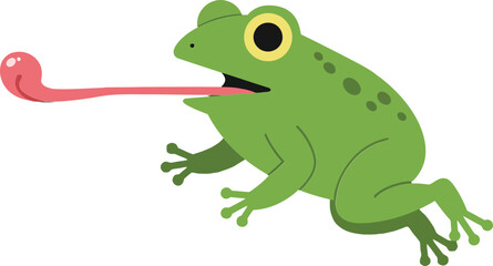 Fototapeta premium Green frog leaping with extended pink tongue in playful action, illustrated in a minimal style, vibrant colors, and cheerful tone, vector illustration