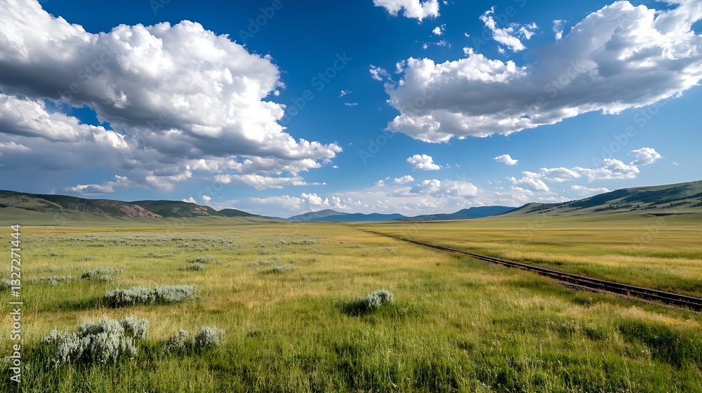 Aufkleber Vast Open Field Under Blue Sky with White Clouds and Distant Mountains in the Background : Generative AI