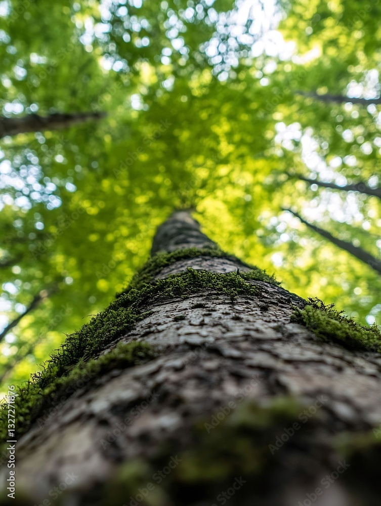 Poster stunning close view of tree trunk with moss and vivid green leaves above : generative ai
