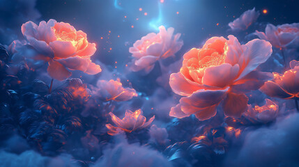 Dreamy Glowing Flowers in a Mystical Night Garden with Ethereal Lighting and Soft Fantasy Atmosphere

