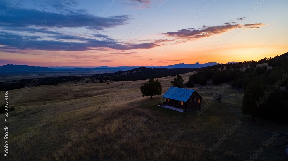 Poster a cozy cabin amidst an open field at sunset with a colorful sky and surrounding mountains : generati