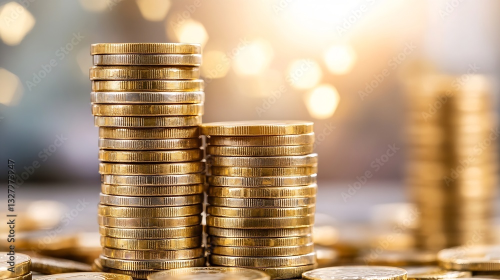Leinwandbilder stacks of shiny gold coins with a beautiful light background symbolizing wealth and prosperity : gen