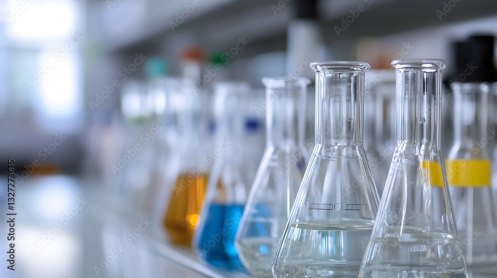 Poster Collection of laboratory glassware including beakers and flasks in a science lab setting : Generative AI
