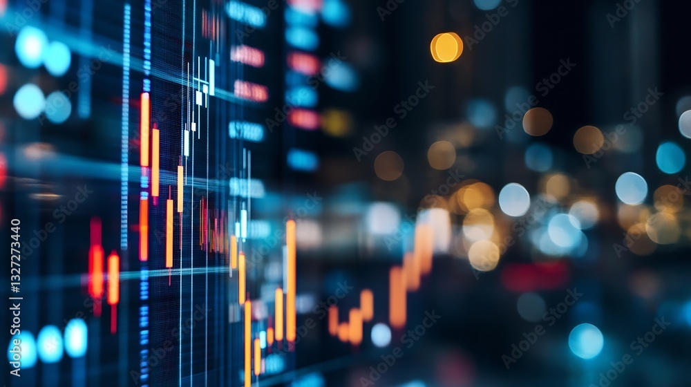 Poster closeup of vibrant stock market data visualization with blurred city lights : generative ai