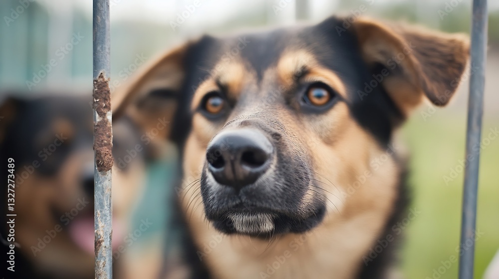 Poster Closeup portrait of a dog looking through a metal fence with soft focus on another dog in the background : Generative AI