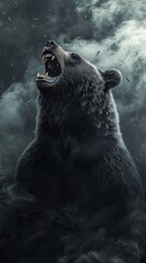 Naklejka premium A roaring black bear emerges from dark smoke and ash, its powerful presence filling the frame. The image evokes a sense of raw power and untamed