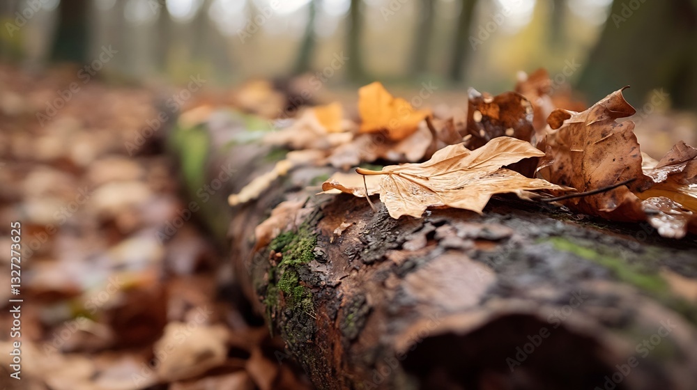 Aufkleber close up view of autumn leaves on a log in a tranquil forest setting : generative ai