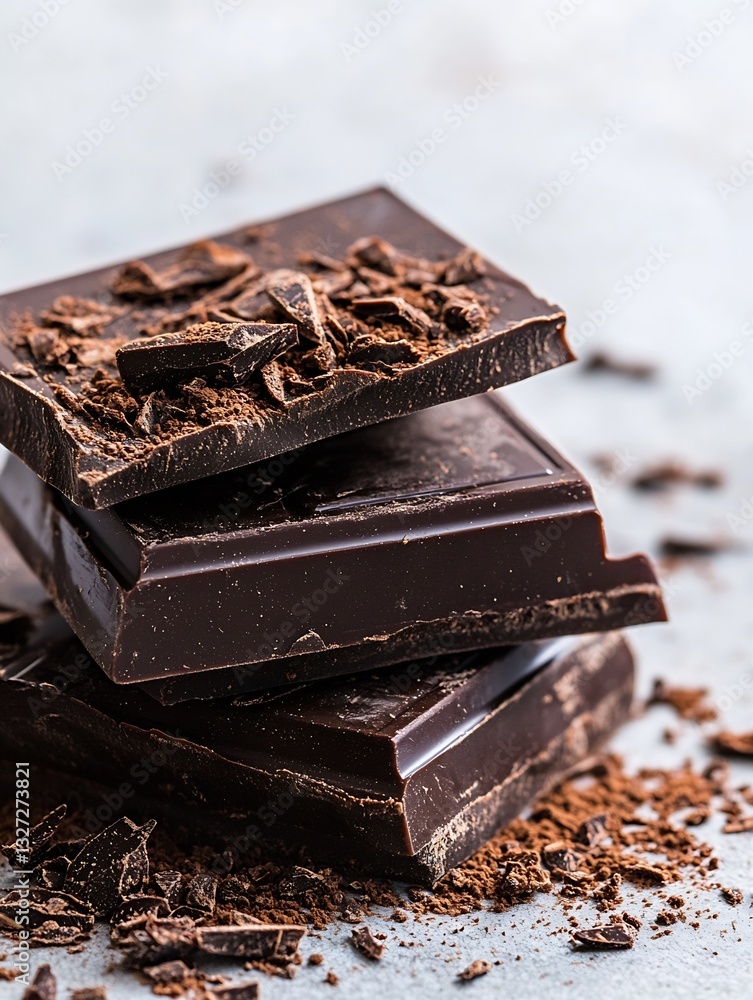 Poster delicious dark chocolate bars stacked with fine cacao shavings on a textured background : generative