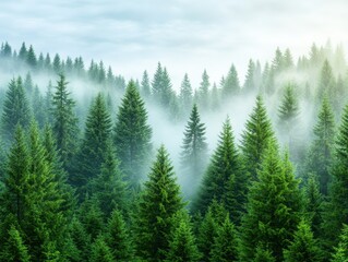 Fototapeta premium Lush green forest with misty atmosphere, showcasing towering trees and serene nature