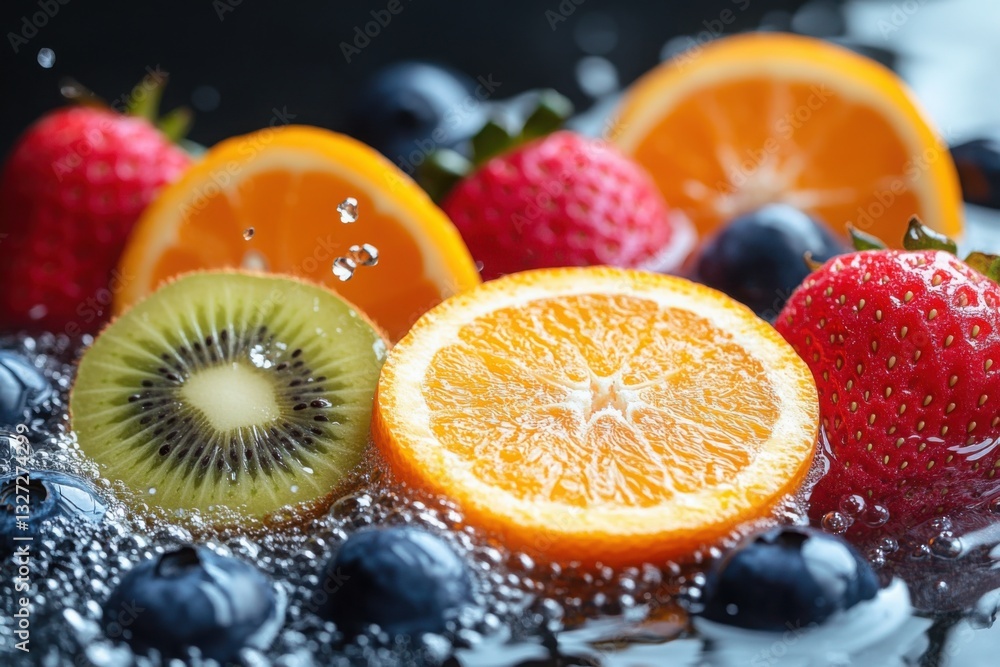 Poster assorted fruits splash in water strawberries oranges kiwi and blueberries combine in a refreshing mi