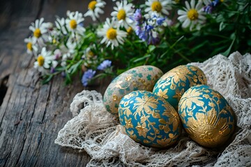 Obraz premium Decorated Easter Eggs with Flowers and Lace on Rustic Wood