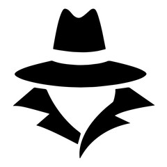 Silhouette of a person in hat and cloak, face hidden by shadow. Spy, Detective, Tracking Service, Government Secrets.

