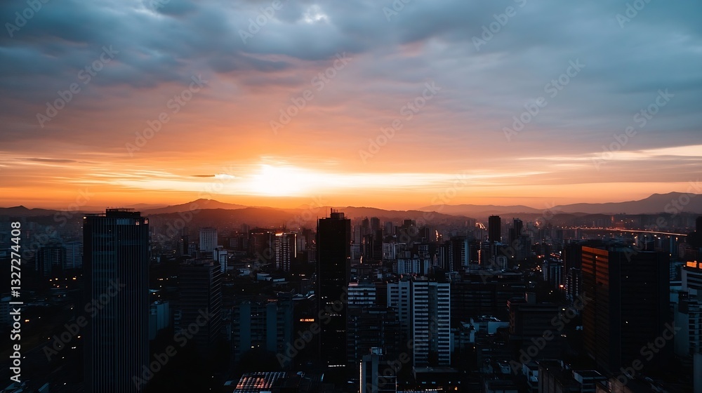 Aufkleber stunning skyline view of a city at sunset with dramatic clouds and glowing lights creating a picture
