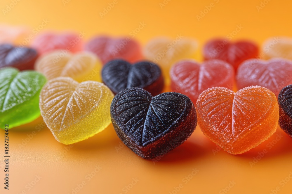 Poster heart-shaped sweets in assorted colors creating a playful array against a vibrant orange backdrop