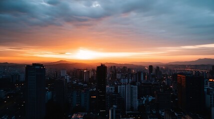 Fototapeta premium Stunning skyline view of a city at sunset with dramatic clouds and glowing lights creating a picturesque scene : Generative AI