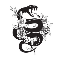 black snake with roses isolated on white background