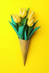 Yellow, glittery tulips in an ice cream cone on a bright yellow background. Minimalistic, Summer, creative, cute, Spring concept.