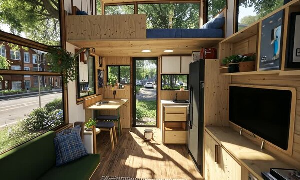 Cozy tiny house interior; street outside windows, nature, and sunlight. Neat furniture and decor