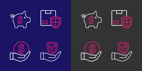 Fototapeta premium Set line Shield in hand, Money with shield, Delivery security and Piggy bank icon. Vector