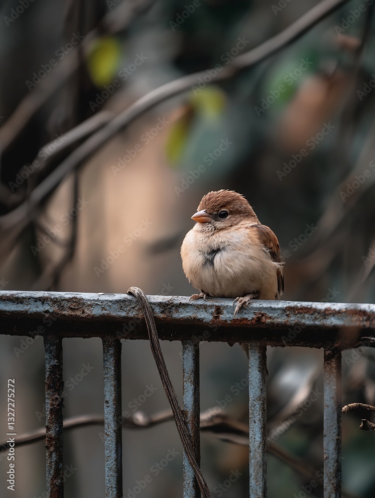Poster charming little bird perched on a rusty fence exuding a calm and peaceful atmosphere in nature : gen