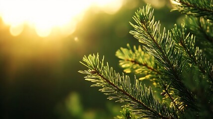 Obraz premium Close Up of Evergreen Branches Glowing in the Warm Glow of Sunset Light : Generative AI