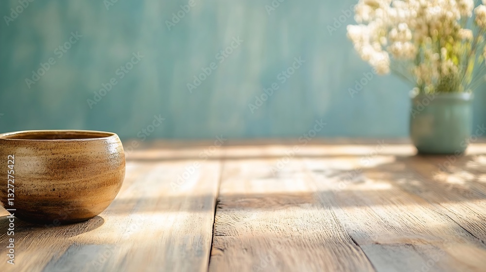 Aufkleber beautiful wooden bowl on a rustic table surrounded by sunlight and delicate flowers in a soft focus 