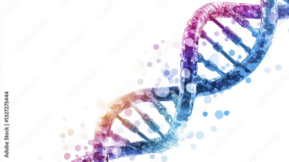 Poster colorful dna double helix design with abstract circles in background, symbolizing genetics and biolo