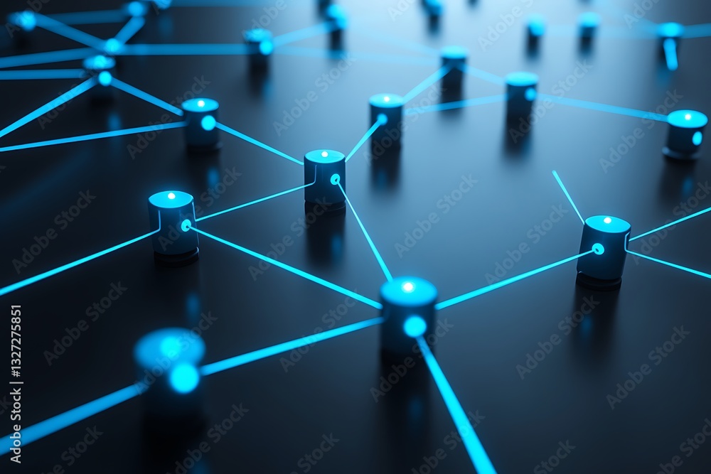 Poster abstract illustration of a glowing network with interconnected nodes on black surface