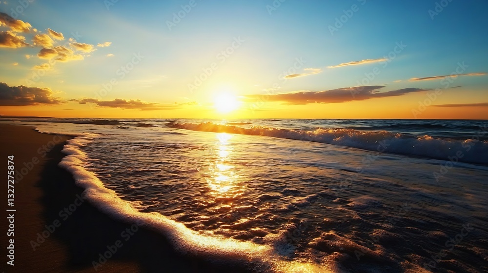 Poster breathtaking sunset view over a tranquil beach with rolling waves and a brilliant glowing horizon : 